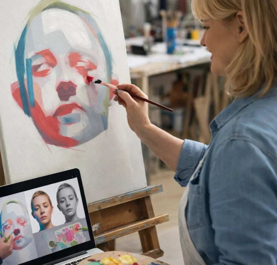 A student painting a bold, colourful portrait at her easel while following the course on a laptop